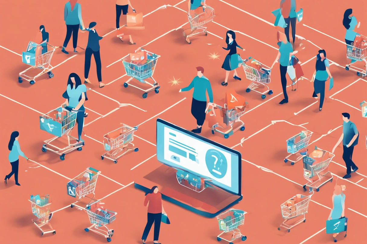 Experience the virtual shopping rush with our image depicting online retail exploration. Witness a bustling scene of people navigating shopping aisles around a computer screen, symbolizing the vibrant world of e-commerce and the convenience of online shopping