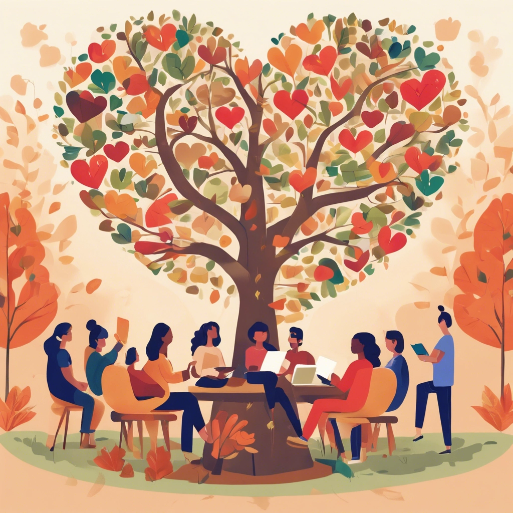 A heart-shaped tree with vibrant leaves representing blog posts, surrounded by diverse individuals engaging in meaningful interactions. Each person is depicted reading, commenting, and sharing blog content, symbolizing the nurturing and supportive community fostered by blogging. In the background, a warm, inviting atmosphere prevails, with soft sunlight filtering through the foliage, creating a serene and welcoming environment conducive to building meaningful relationships with the audience.