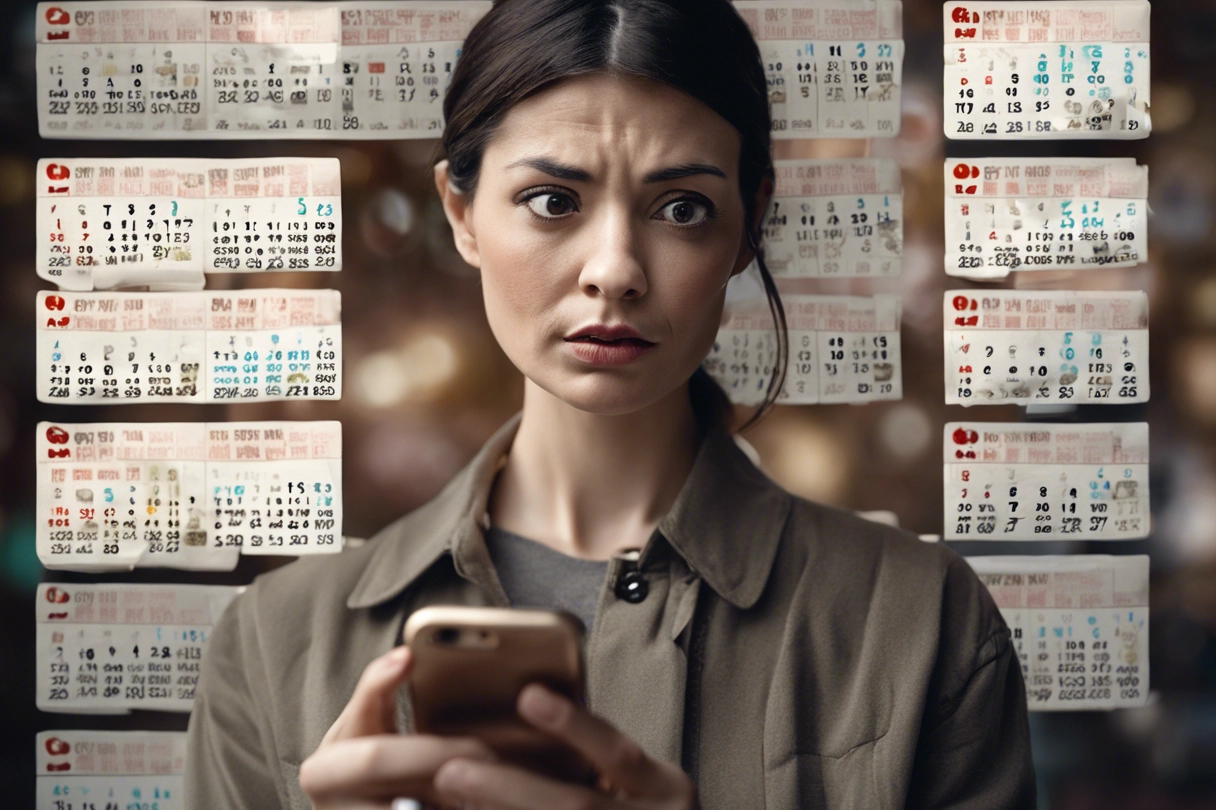 The smartphone screen displays a calendar interface with various events and dates marked. The person appears to be tapping on the screen, suggesting they are seeking answers or assistance regarding calendar and ticket systems.
