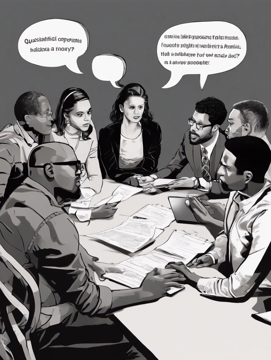 A group of diverse people engaged in a discussion around a table, with laptops and papers scattered around. Speech bubbles above their heads contain question marks, indicating active conversation and inquiry