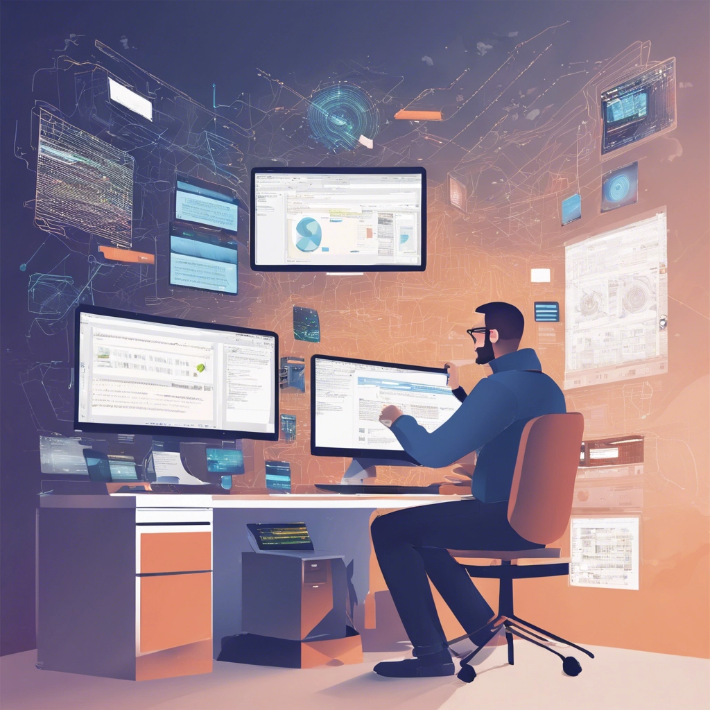 The image showcases a developer actively engaged in creating an interactive website. The developer is seated in front of a computer, with multiple screens displaying lines of code, design interfaces, and interactive elements. The atmosphere is creative and focused, symbolizing the meticulous process of coding and designing to bring interactive features to life. Tools such as graphic design software, code editors, and interactive prototypes are visible on the desk, highlighting the comprehensive approach to building a dynamic and engaging online experience.