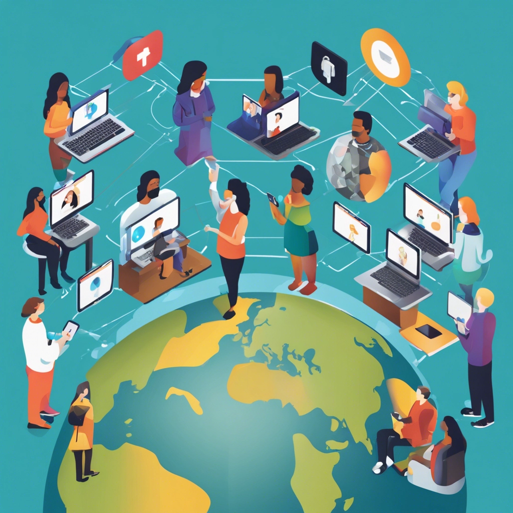 An image of a diverse group of people gathered around a virtual globe, representing the global audience reached through cross-platform accessibility. Each person is depicted using a different device, such as smartphones, tablets, laptops, and desktop computers, symbolizing the diverse range of devices utilized by audiences worldwide. The globe is surrounded by various icons representing different online platforms and channels, illustrating the multi-channel approach enabled by cross-platform accessibility. The background features a dynamic gradient of colors, signifying connectivity and inclusivity.