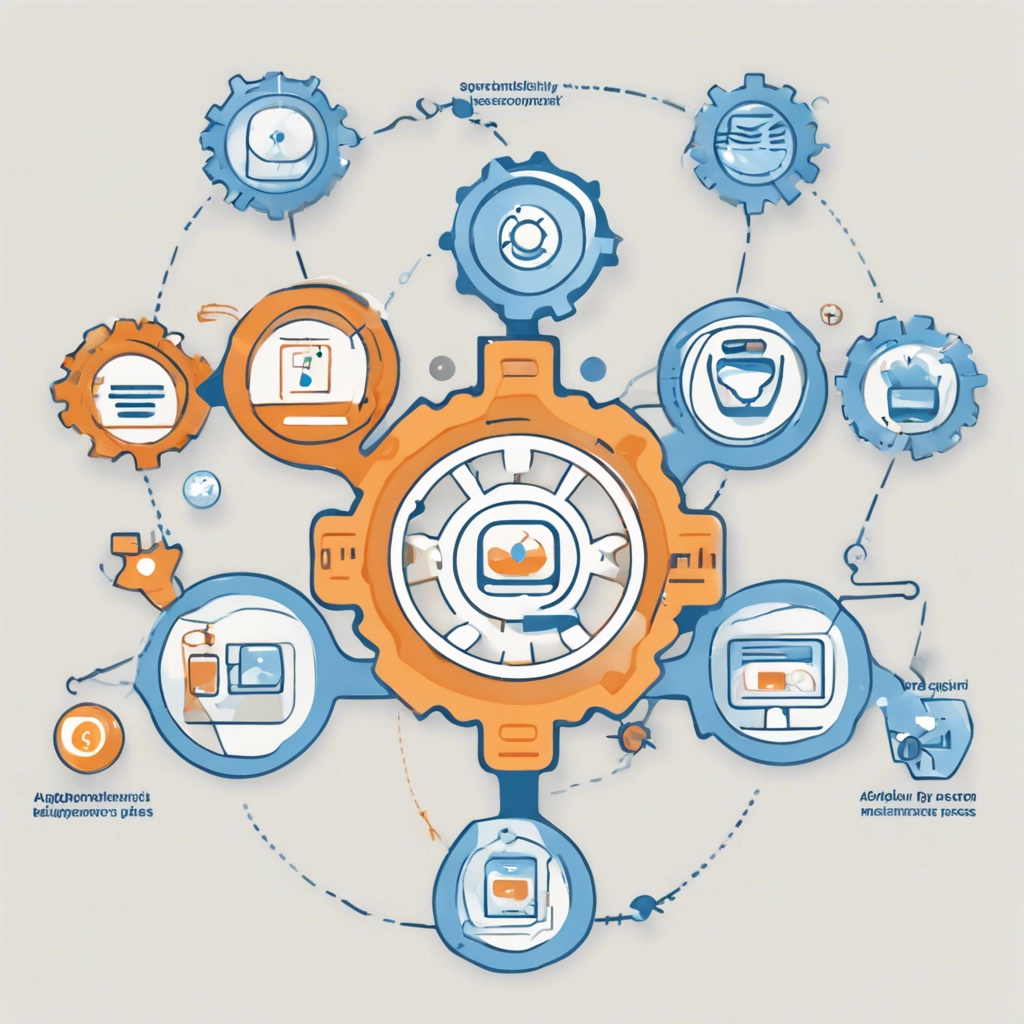 An image depicting two interconnected gears, symbolizing the streamlined development and maintenance process facilitated by responsive web design. On one gear, there are icons representing different devices, such as smartphones, tablets, laptops, and desktop computers, indicating the adaptability of responsive design across various platforms. The other gear features icons representing web development tasks, such as coding, testing, and updating content, highlighting the efficiency and integration of these processes. In the background, there is a flowchart illustrating the progression from initial development to ongoing maintenance, emphasizing the continuous and cohesive nature of responsive web design. The overall composition conveys the concept of cost-efficiency and simplicity in website management across devices.