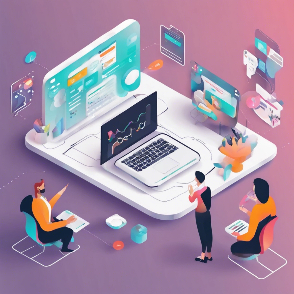 An engaging image depicts a team collaborating in front of large screens, immersed in a project utilizing interactive design tools such as sketching, wireframing, and prototyping. The scene exudes a vibrant energy, with dynamic colors and visual elements like icons and arrows emphasizing interactivity. This illustration vividly showcases the significance of interactive design in today's digital landscape, portraying how it empowers businesses to remain competitive by actively engaging their audience.