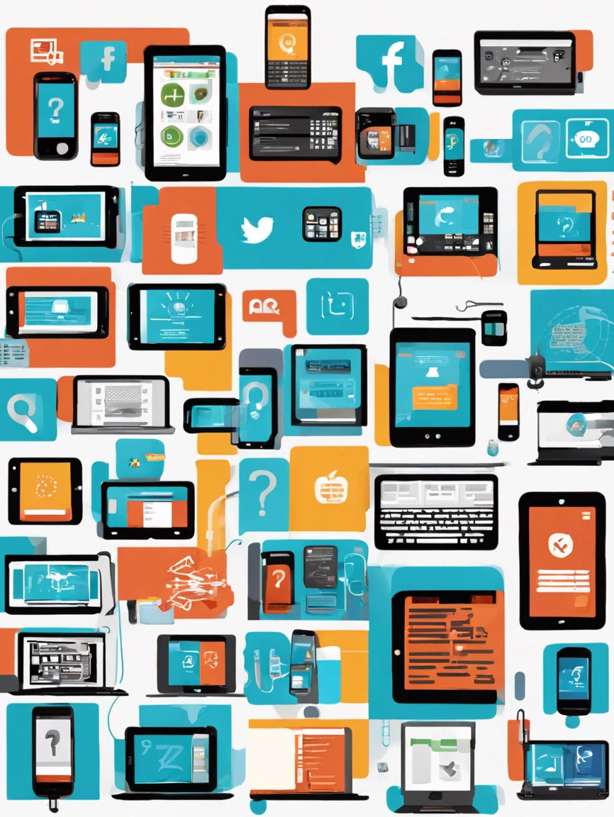 A collage-style image featuring various electronic devices, including smartphones, tablets, laptops, and desktop computers, arranged in a grid pattern. Each device displays a different question mark symbolizing common FAQs about responsive design. Surrounding the devices are icons representing web development tasks such as coding, testing, and optimization, illustrating the process of addressing these FAQs through responsive design solutions.