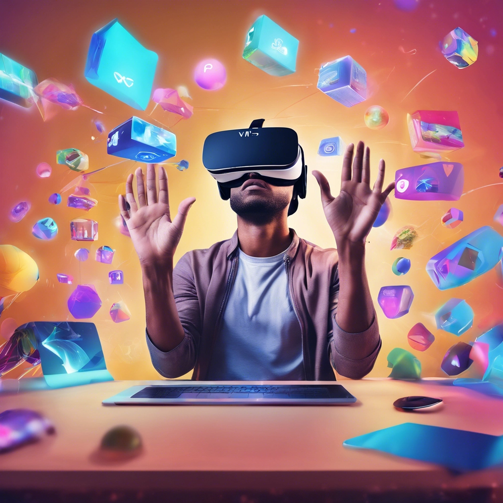 The image depicts a person wearing virtual reality (VR), surrounded by colorful interactive elements floating in the air. These elements include buttons, icons, and 3D models representing different aspects of an interactive website or application. In the background, we see the person wearing the VR headset, fully immersed in the virtual environment and interacting with the digital elements using hand gestures. This scene highlights the transformative impact of interactive technology, showcasing how immersive experiences can revolutionize user engagement and interaction with digital content.