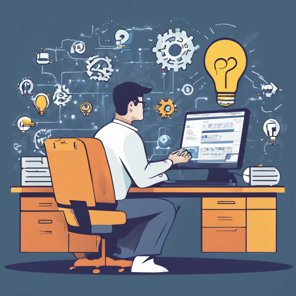 A developer is depicted working on a computer, accompanied by a thought bubble containing symbols representing proactive problem-solving, including a lightbulb for ideas, gears for solutions, and checkmarks for completion. This visual illustrates CVN-WebDev's proactive approach to anticipating and resolving issues before they arise, emphasizing their commitment to efficient problem-solving and project success.