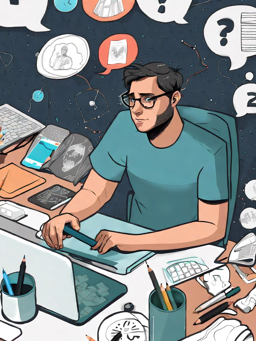 An illustration of a web developer sitting at a desk, surrounded by speech bubbles containing question marks. The developer is typing on a laptop, with various blog-related tools and resources scattered on the desk, such as notebooks, pens, and reference books.