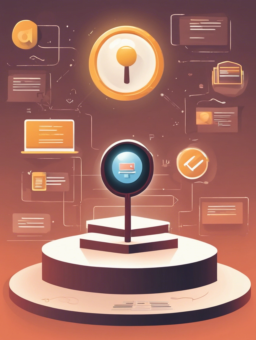 website standing on a podium, with a spotlight shining down on it. Around the podium, various elements symbolize the importance of SEO for a website.