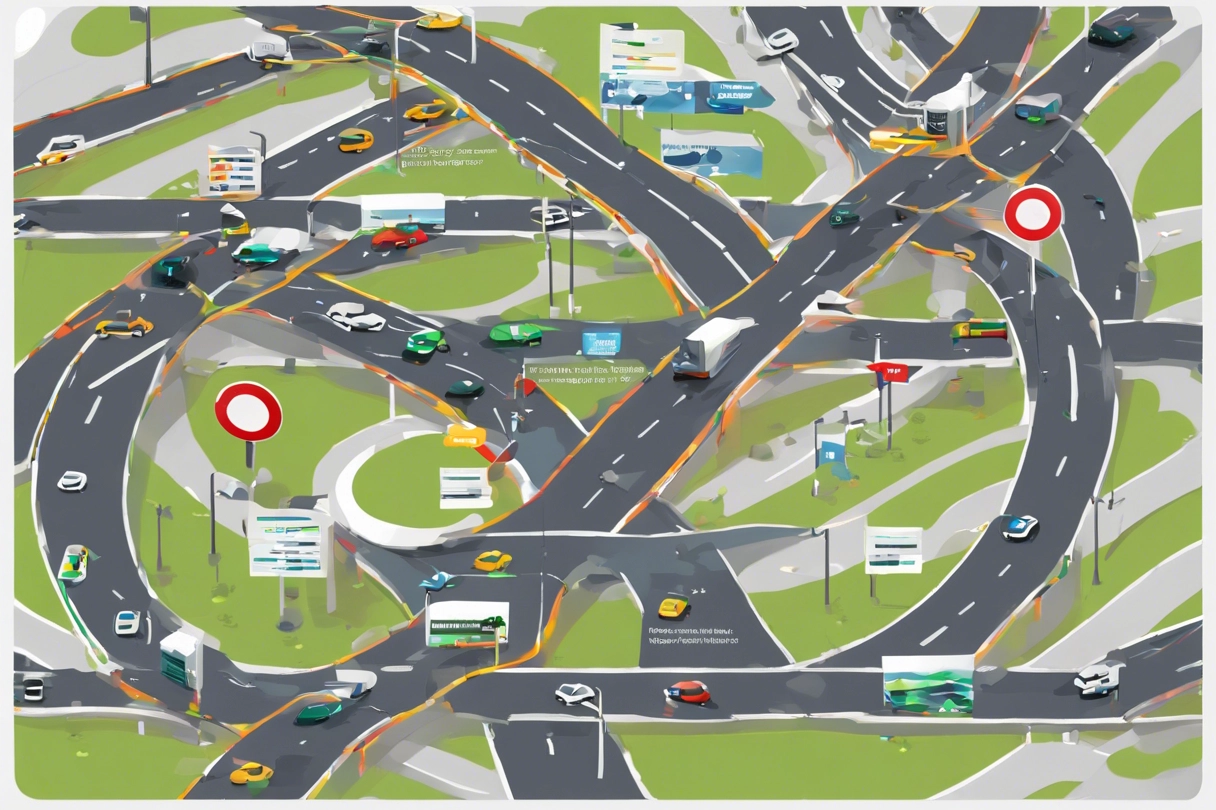 busy intersection with multiple lanes of traffic merging and flowing smoothly. Each lane represents a different aspect of SEO, such as keyword optimization, content quality, backlinking, and website structure. Traffic lights overhead symbolize search engine algorithms, directing traffic to websites based on their SEO performance.