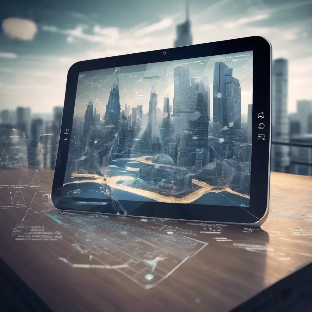 Tablet with an image depicting a futuristic cityscape with towering skyscrapers and advanced architectural designs. Superimposed over the skyline is a digital interface displaying lines of code, technological symbols, and data visualizations, representing the integration of responsive design and adaptable web solutions into the urban environment. In the foreground, there is a diverse group of people, including developers, designers, and tech professionals, collaborating on various digital devices such as laptops, tablets, and smartphones. They are engaged in brainstorming, coding, and testing, showcasing the innovative and collaborative nature of web development. The background features dynamic lighting effects and glowing neon accents, creating a sense of technological sophistication and progress. Overall, the image conveys the idea of staying ahead of technological advances with responsive design and adaptable web solutions.
