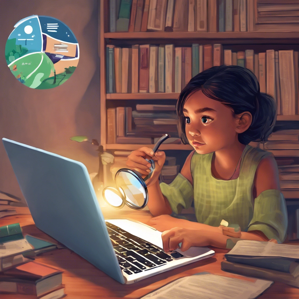 a young girl sitting in a cozy corner, engrossed in reading a book with a magnifying glass. Behind her, a laptop screen displays a webpage with clear text content interspersed with relevant images. The girl's focused expression and the magnifying glass emphasize the importance of readability, while the images on the screen reinforce how visuals can enhance understanding and engagement with web texts. This visual metaphor effectively conveys the impact of images on improving readability in online content.