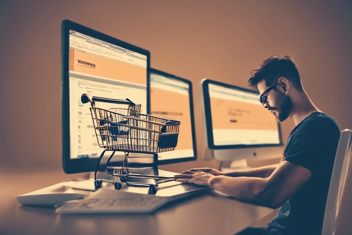Dive into the world of Coding Commerce: Crafting a Custom Shopping Cart with our image, depicting a programmer immersed in coding as they meticulously craft a bespoke shopping cart solution. Witness the dedication and expertise required to tailor the shopping experience to perfection, driving business growth and customer satisfaction.