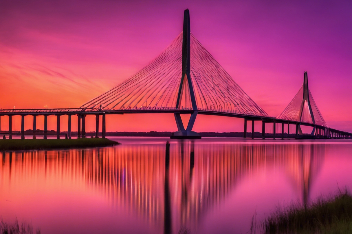 CVN-WebDev operation is out of Charleston SC. In the image experience the timeless allure of Charleston's skyline at dusk in this stunning sunset scene. The iconic Arthur Ravenel Jr. Bridge spans gracefully across the horizon, its elegant cables silhouetted against the warm hues of the setting sun. The sky above is ablaze with vibrant shades of orange, pink, and purple, casting a soft golden glow over the surrounding landscape. Tranquil waters of the Cooper River reflect the colorful spectacle above, enhancing the serene beauty of the scene.