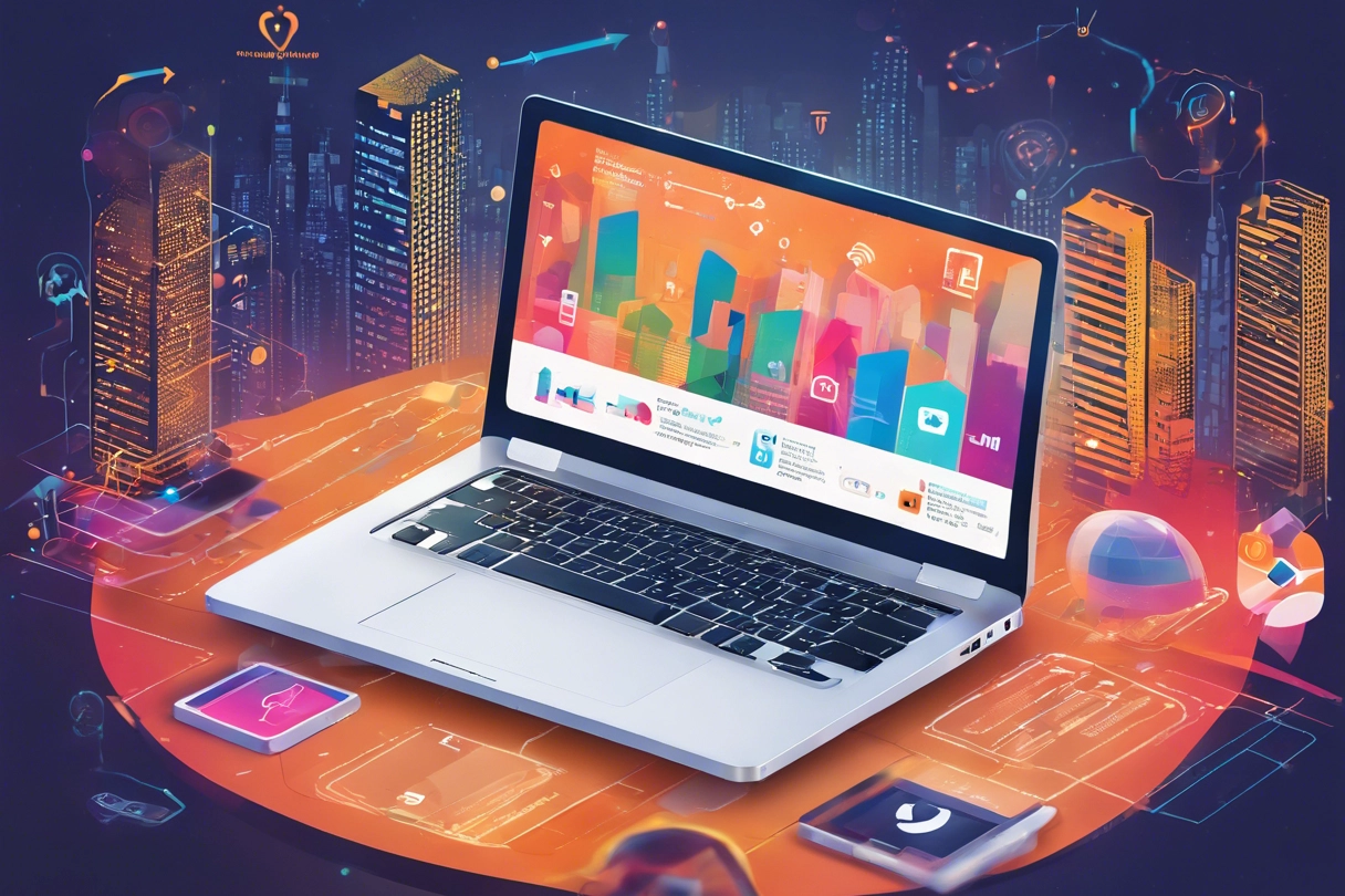A modern laptop with a vibrant screen displaying a dynamic blog page surrounded by various elements representing online presence, such as social media icons, website analytics graphs, and engagement metrics. In the background, there's a blurred backdrop of a bustling city skyline, symbolizing the interconnectedness and dynamism of the digital landscape.
