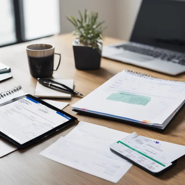 Professional and Efficient Office Payment Setup: A modern desk scene featuring a laptop and smartphone displaying an invoice payment app, complemented by financial notes and organized invoices. Instills trust and ease for seamless customer payments.
