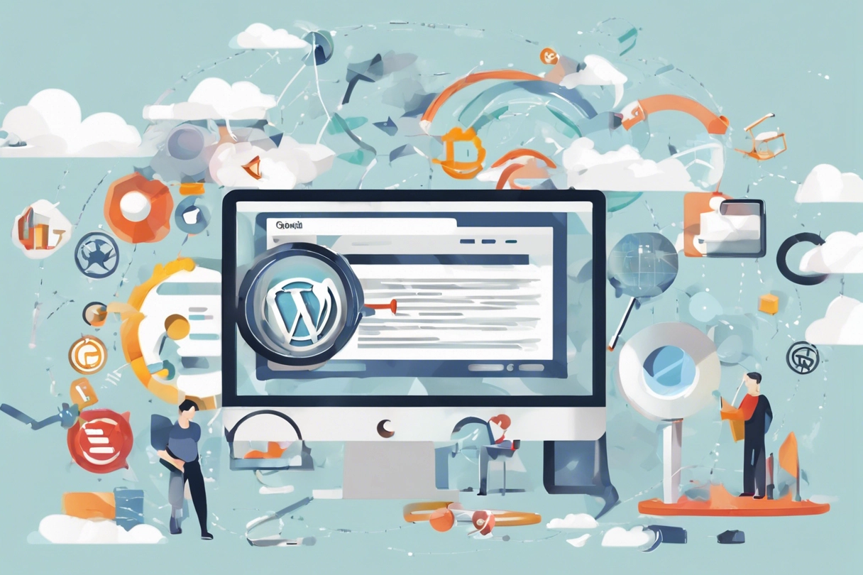 dynamic scene where a website, represented by a stylized WordPress logo, emerges from the digital landscape. Surrounding the website are various elements symbolizing SEO management, such as magnifying glasses, keyword clouds, and upward arrows indicating improved visibility. In the background, search engine results pages (SERPs) display the website prominently ranked, with traffic graphs showing an upward trend. This imagery captures the essence of SEO's importance in boosting a WordPress website's visibility and attracting organic traffic in the competitive online environment.