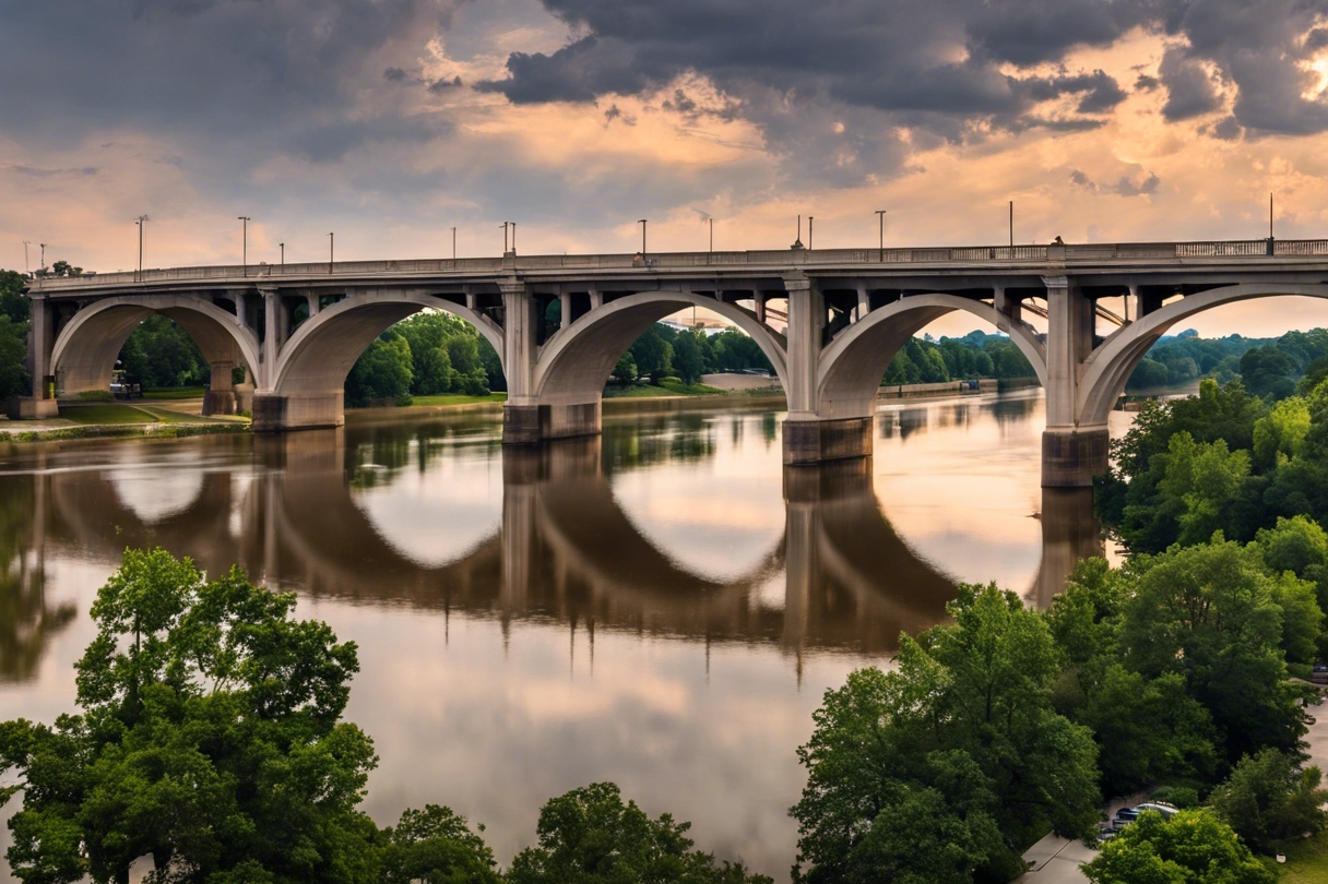 Stunning view of the Gervais Street Bridge spanning gracefully over the serene waters of the Congaree River in Columbia, South Carolina. The bridge's elegant arches frame the scene, leading the eye towards the vibrant walkway of Riverfront Park below. Lush greenery lines the riverbanks, creating a tranquil atmosphere perfect for a leisurely stroll or a peaceful moment of reflection. The bridge stands as a symbol of connectivity and beauty, inviting you to explore the scenic wonders of Columbia's riverfront.